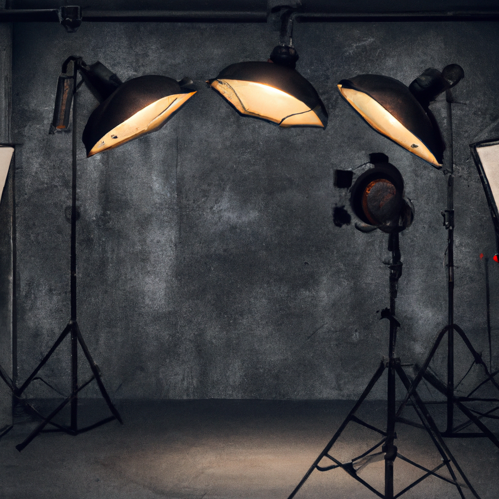 Interior de estudio fotográfico moderno con luces softbox, paredes de hormigón pulido y ambiente cálido en Ferapo Studio